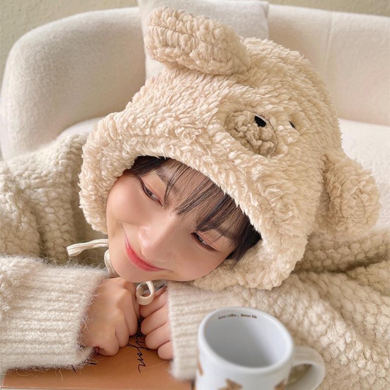 Female Hat Sweet Skiing  Warm Keeping  Cycling Windproof Lace Up Cute Lamb Hair