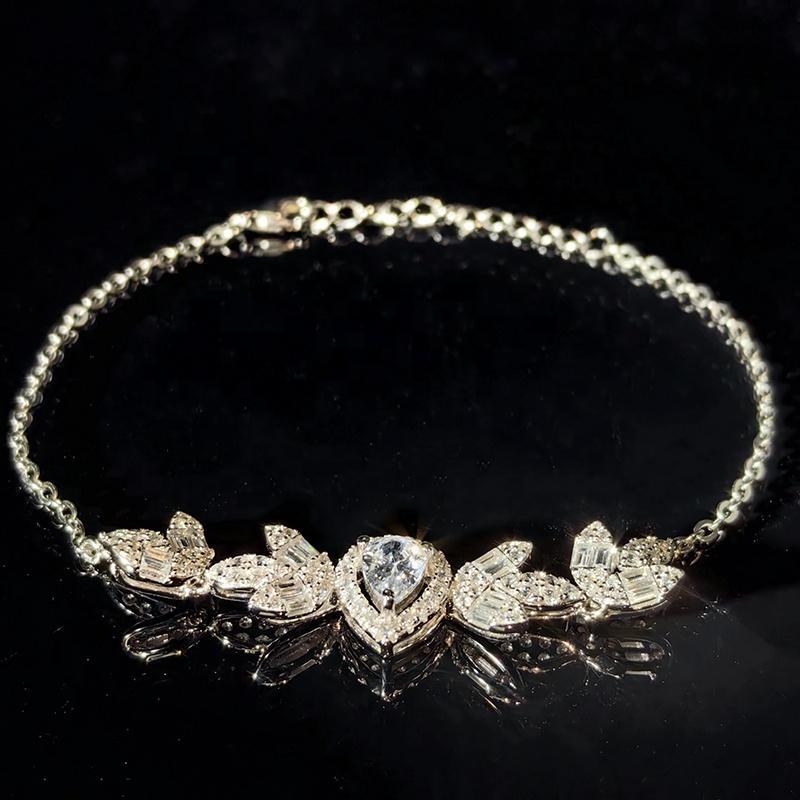 Factory Direct Fine Jewelry Iced Out Baguette Bling 8A CZ S925 Silver Cluster Pink Waterdrop Sapphire Clover Bracelet for Women