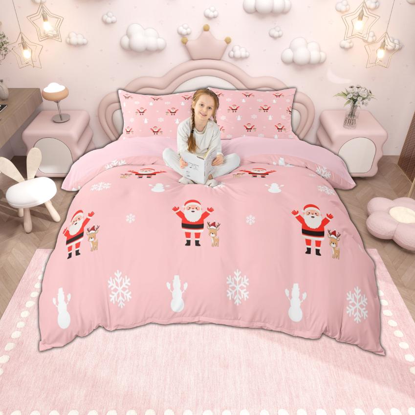 Homewish Kids Merry Christmas Duvet Cover Set, Cute Snowman Santa Claus Bedding, Tree Quilt Cover Set