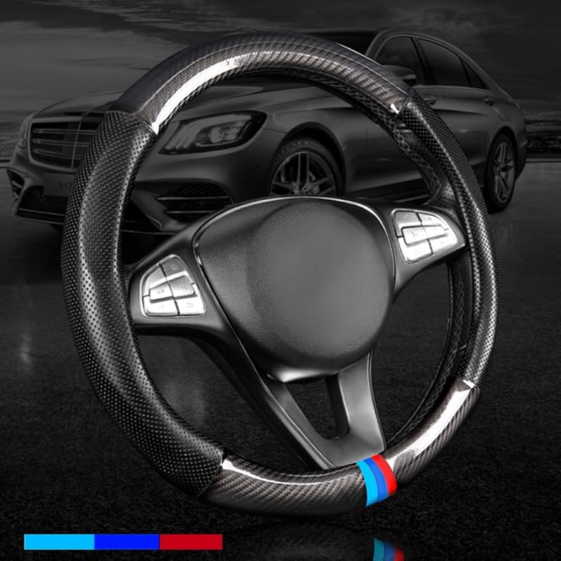 Carbon Fiber Leather Sport Car Steering Wheel Cover Sports Steering Wheel High-Grade Leather Set Three Color 38cm for All Car Steering Wheel Cover blue blue red