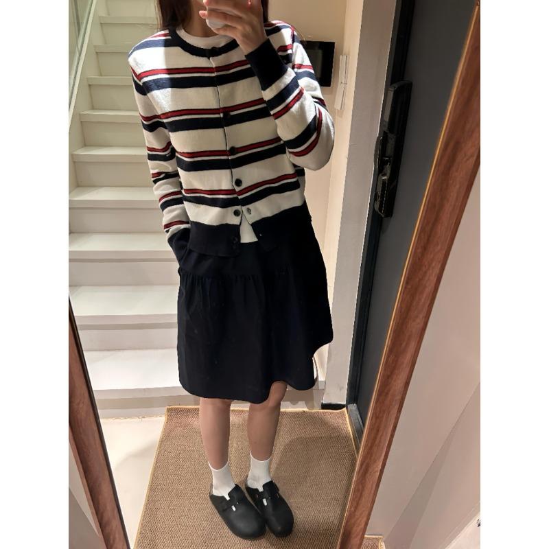 Striped knitted cardigan sweater women's spring and autumn design sense contrasting colors chic small short coat top