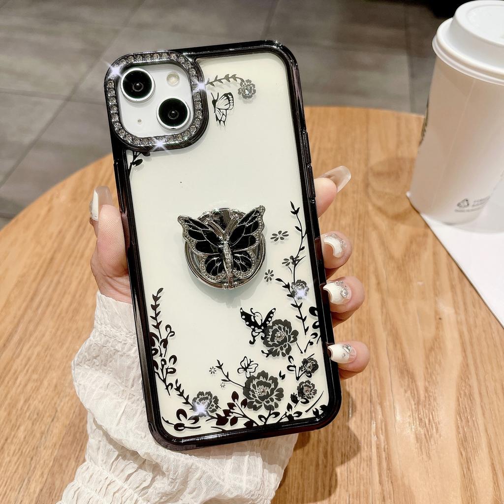 Applicable To Apple 15ProMax Phone Case, IPhone14 Electroplated Butterfly Ring Stand, Lens Flash Diamond Protective Case