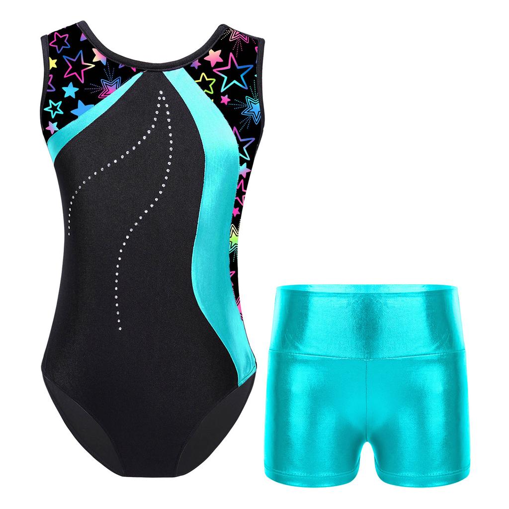 Girls Dance Leotard Sleeveless Patchwork Print Metallic High Waist Shorts Gymnastics Performance Outfit