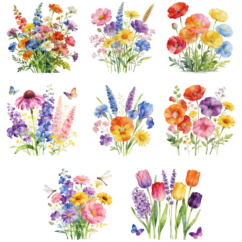 8Pcs 8 Styles Plastic Heat Transfer Film Logo Stickers Set for DIY T-Shirt Flower 195~199x170~197mm 1pc/style