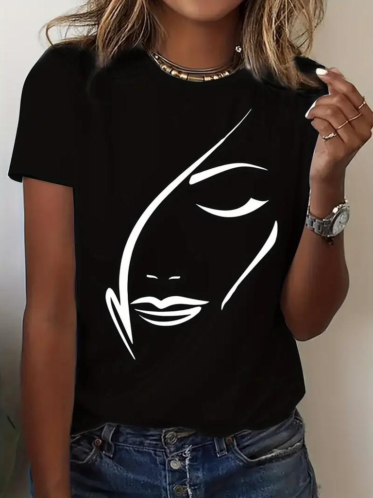 Polyester 100% Hot-selling New Product: A Girl Holding An Umbrella Printed Round-neck Short-sleeved T-shirt for Women's Summer