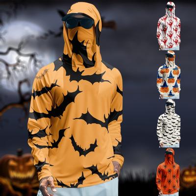 Funktions-Angel-Raglan-Hoodie für Herren mit Halloween-Print - UV-Schutz 50+ Langarm-Sonnenschutzshirt mit Mesh-Visier