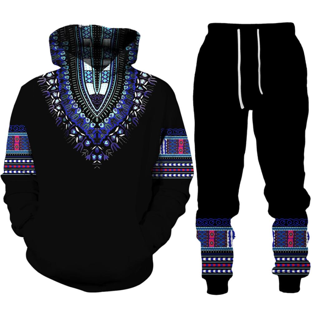 Afrikanischer Dashiki-Hoodie/Anzug für Herren, lässig, 3D-gedruckt, Ethno-Stil, Sweatshirt, Hose, Set für Herren/Damen, Folk-Custom Streetwear-Trainingsanzug