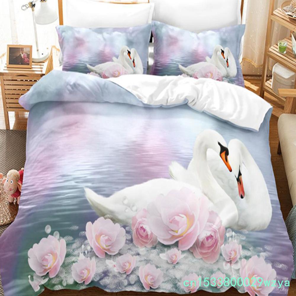 Swan Rose Queen Bedding Set Duvet Cover Set Bedding Digital Printing Bed Linen King Size Duvet Cover Set Bedding Set