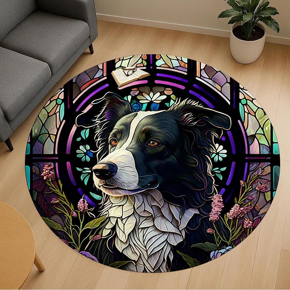 1pc Stained Glass Dog Round Chair mat office Area Rug - Non-Slip, Floor Mat for Office, Bedroom, Ideal home decor gift c0112045