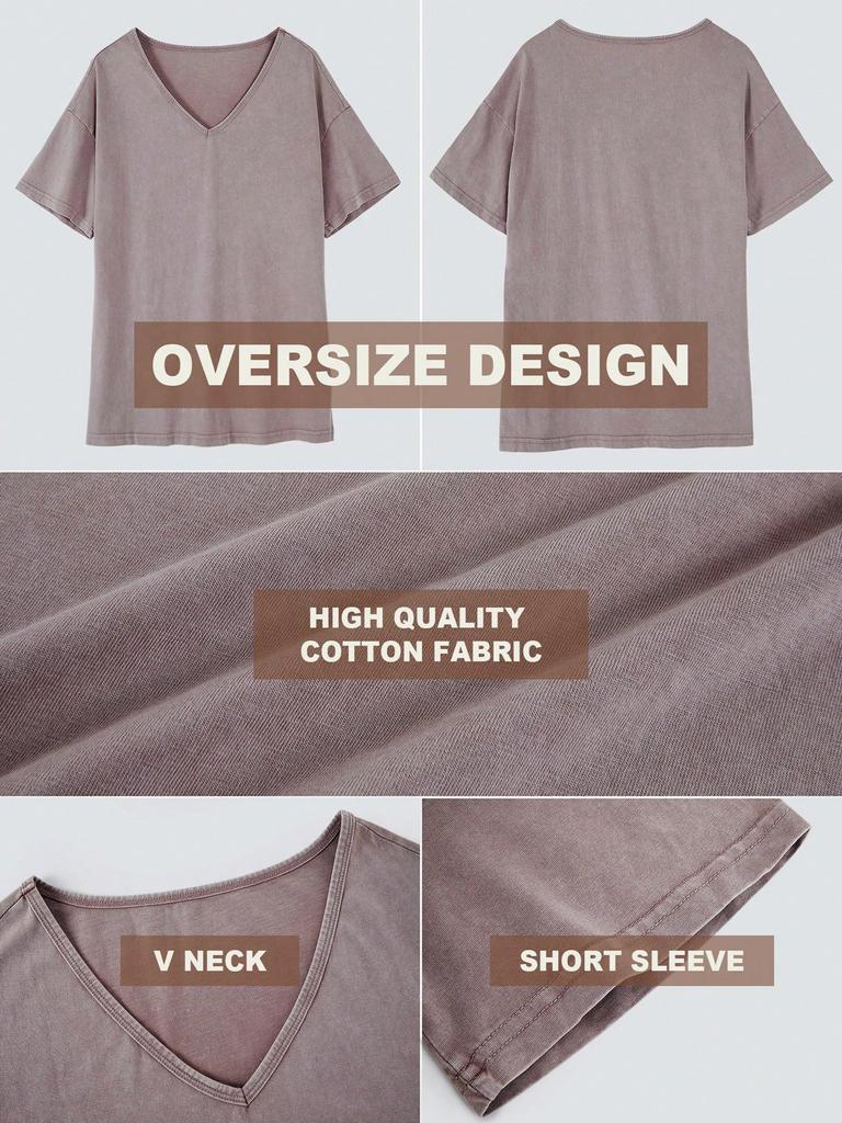 Womens Cotton V Neck T Shirt Short Sleeve Oversized Boyfriend Tunic Tee