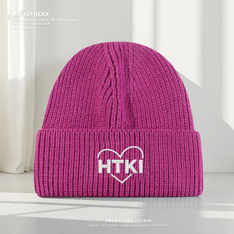 

Love Embroidered Autumn and Winter Warm Woolen Hat for Women Korean Style Face Showing Small Knitted Hat for Students and Couples Cold Hat Trend M（56-58cm）