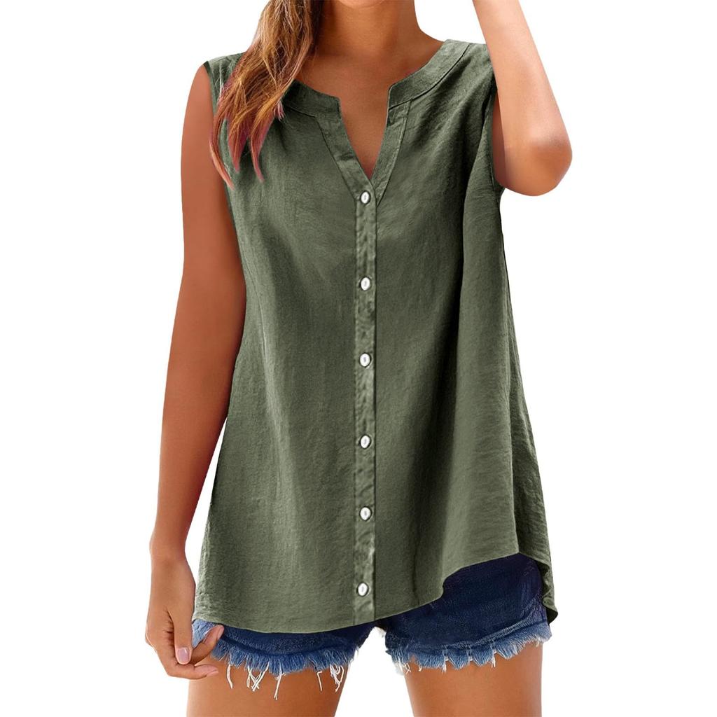 Women's Fashion Color Casual Sleeveless Cardigan Button Loose Cotton Linen Shirt Top