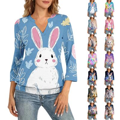 Damska bluzka z rękawem 3/4, dekoltem V, dołu koszulki, letnia, casual - Koszulka z nadrukiem Easter