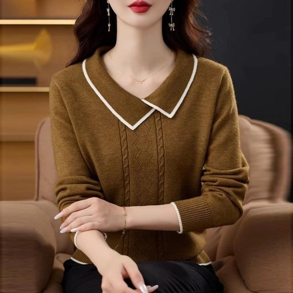 

Новый стильный вязаный свитер свободного кроя в качестве базового слоя, свитер с детским воротником и топ с лацканами для женщин на осень и зиму One size кофейный