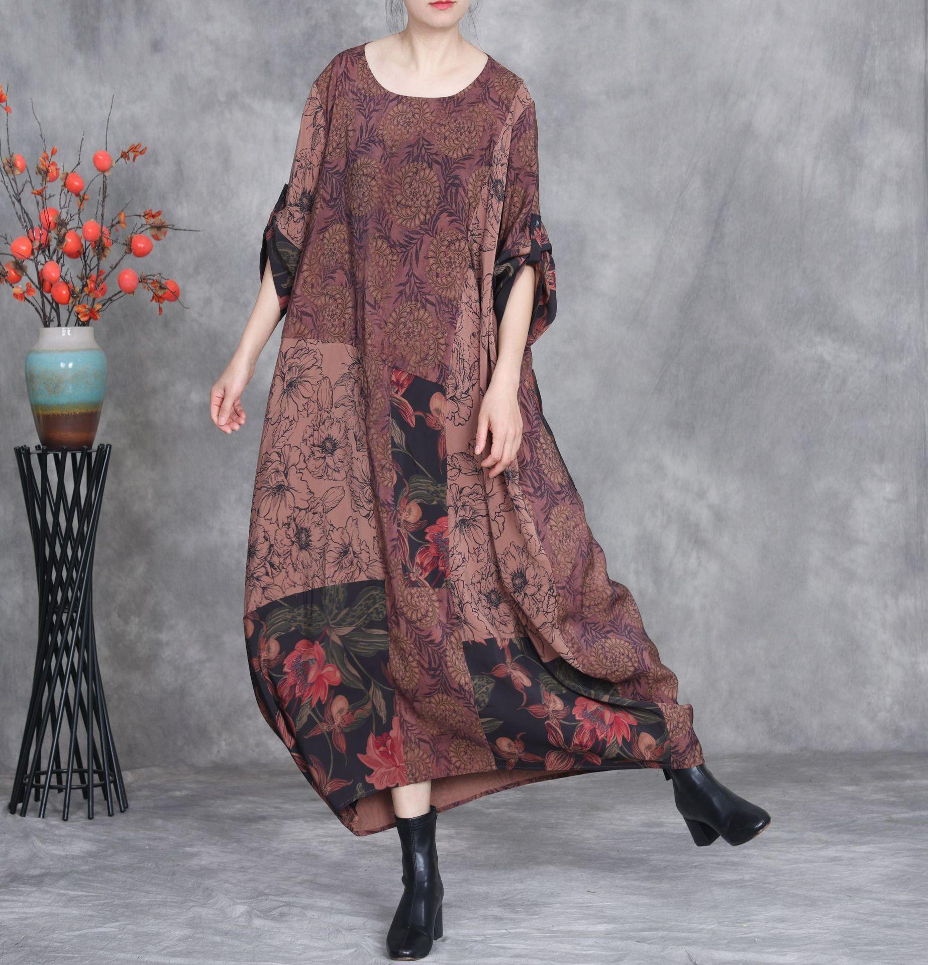 

Johnature Женские платья с винтажным принтом и цветочным принтом, весенний пуловер, высококачественное лоскутное свободное платье А-силуэта One Size