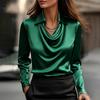 Women Satin Cowl Neck Blouse Long Sleeve Turn‑Down Collar Elegant Office Work Shirt Top S‑3XL