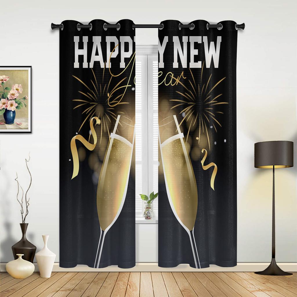 Winter New Year Wine Glass Fireworks Curtains for Bedroom Living Room Window Curtain Treatments Blinds Kitchen Home Decor Drapes