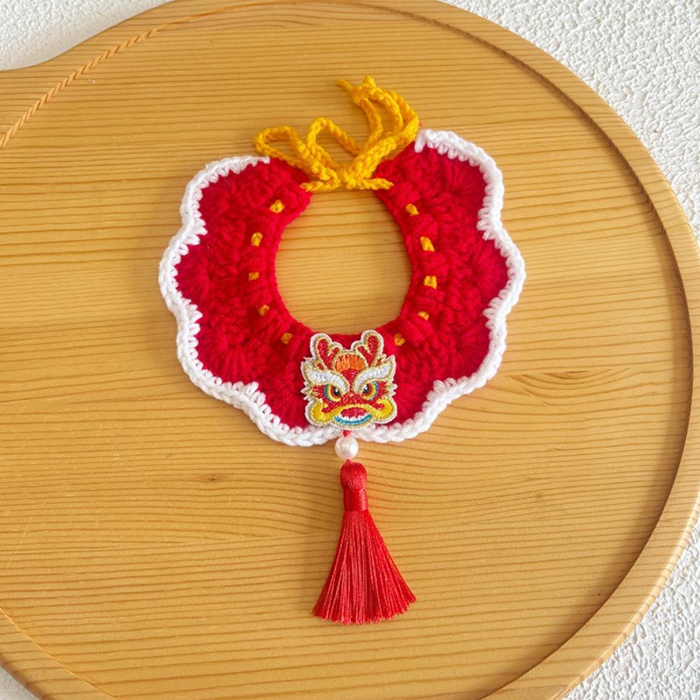 Handmade Cat Dog Scarves Lightweight Chinese Style New Year Cat Bow Tie Embroidery Pattern Red Tassels Knitted Pet Collar