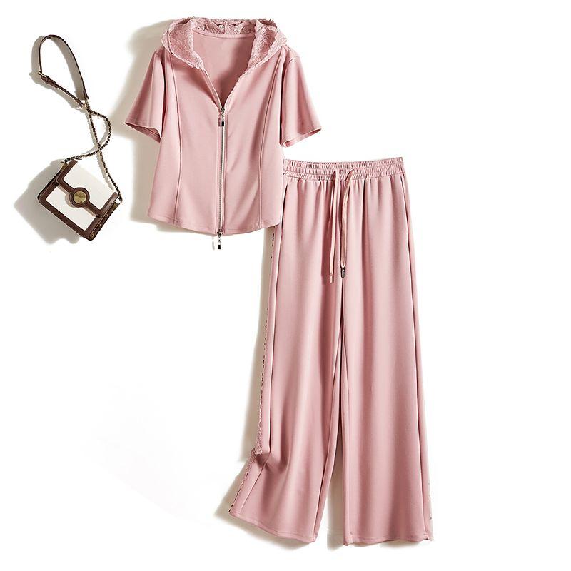 

Slim Fit High Casual Sports Suit Summer! Women s Lace Hooded Front Zipper Hoodie T-shirt + Pants Loose Pants Pink XL