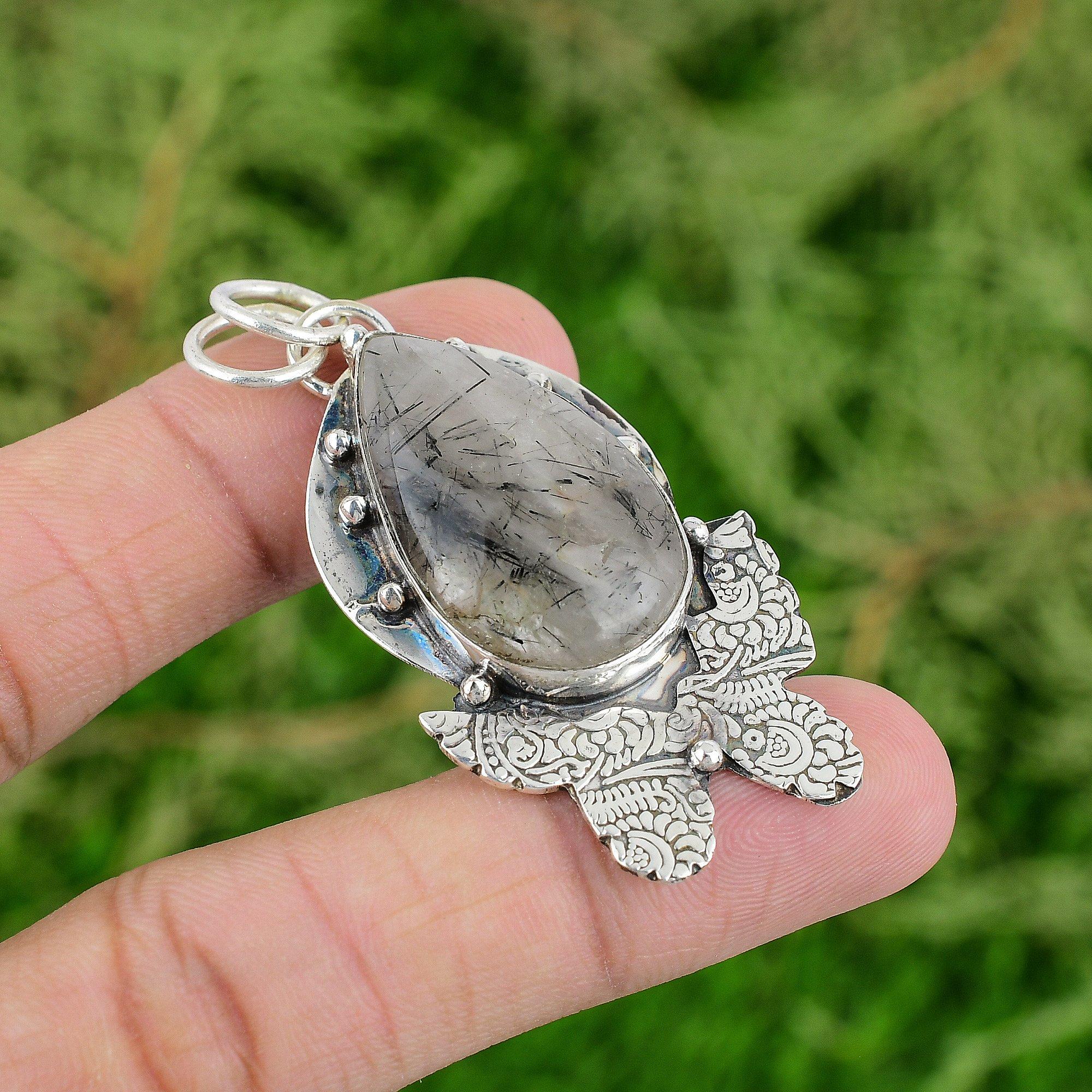 

Black Rutilated Quartz Pendant Original Gemstone Pendant 925 Sterling Silver Pendant Handmade Jewelry Gifts For Her