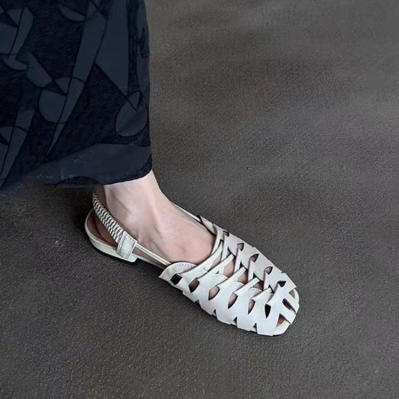 Sandalias Romanas Trenzadas Caladas Simples Vintage para Mujer, de una Tira, Tacón de Bloque, Puntera Cerrada, Boca Baja, Versátiles, de Tacón Bajo