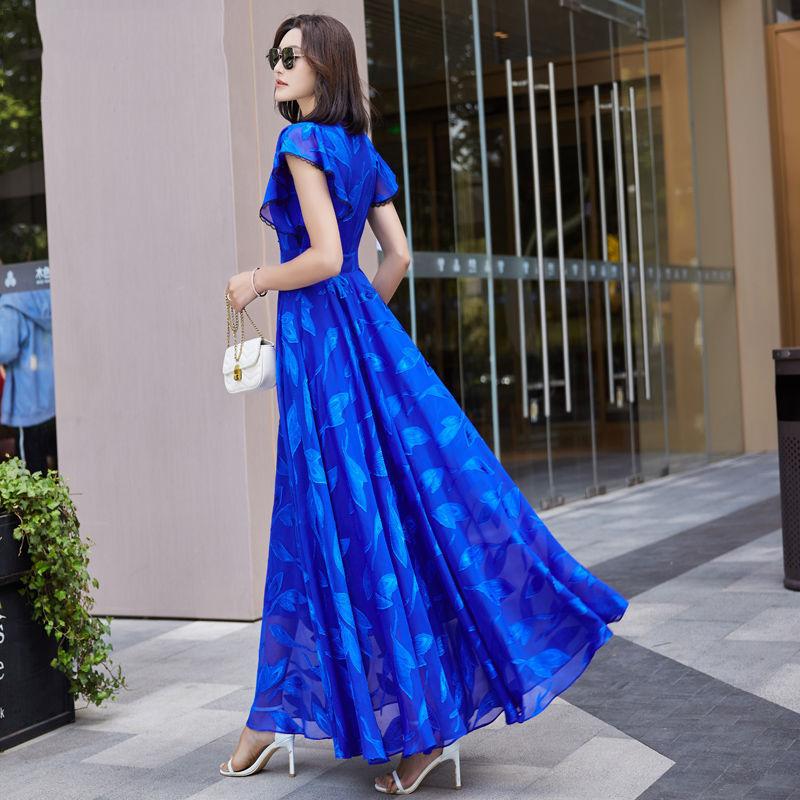 French Style Chiffon Summer Dress Women Long Elegant Beach Dress with Flowy Hem