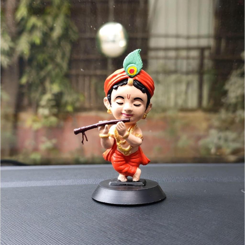 Lord Shree Krishna Ji Idol for Car Dashboard in Orange Clothes, Office Table,Home Decor| Little Mor Pankh & Bansuri Figurin| God Statue for Gifting