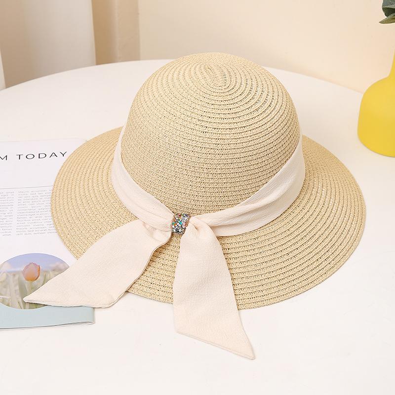 Women's Wide Brim Straw Sun Hat with Elegant Black Bowknot, Solid Color Beach Hat for Summer Travel, Classic Outdoor UV Protection