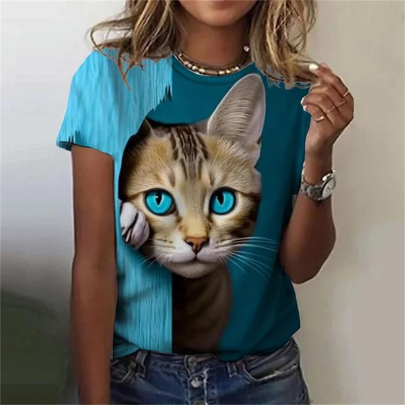 Fashion Women's T-shirt 3D Printed Kawaii Cat Pattern Short Sleeved Round Neck Top Summer Outdoor Casual Street Simple Clothing