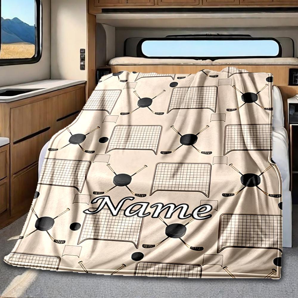 Hockey Equipment Design For Sports Enthusiasts Blanket Personalized Name Soft Comfortable Stylish Blanket Car Blanket Perfect For Travel Camping