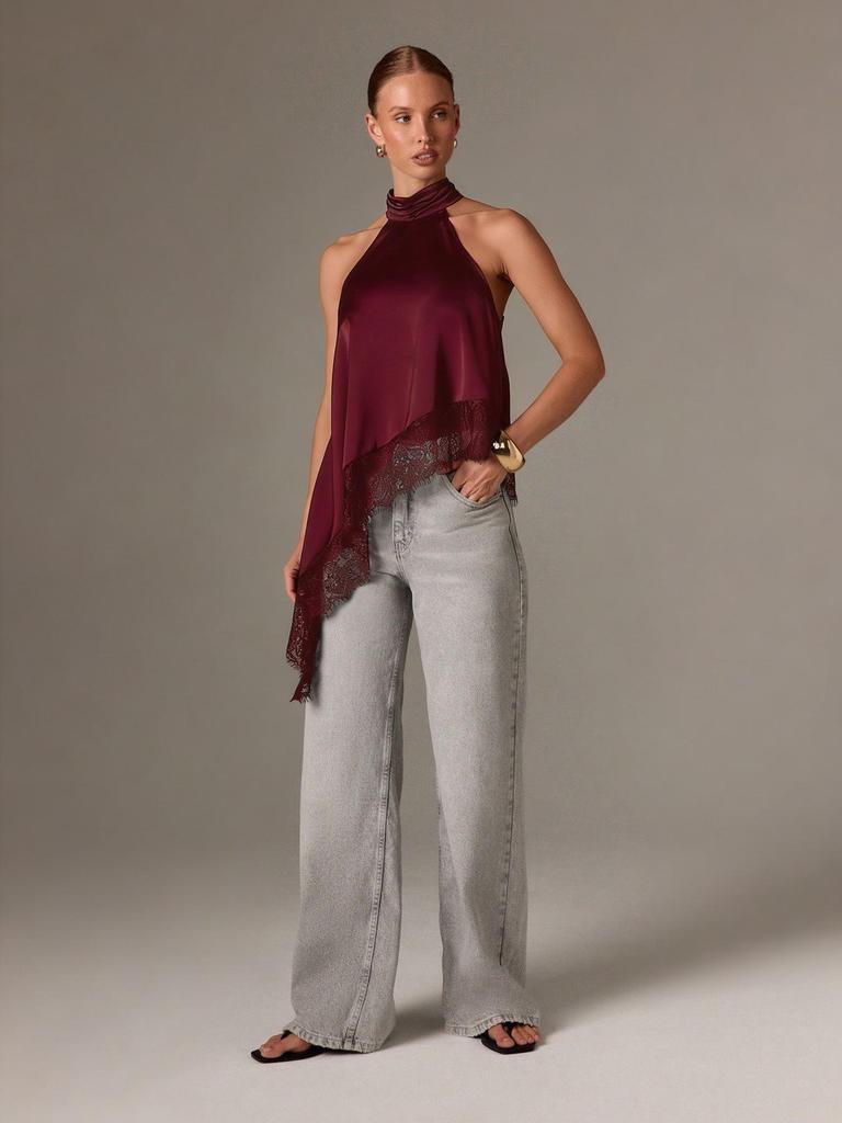 European & American Women's Summer Satin Halter Top with Lace Trim