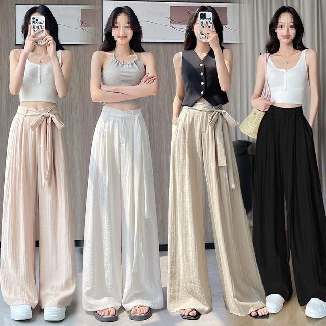 Womens Casual Wide Leg Pants With White Strap Design For Summer Comfort