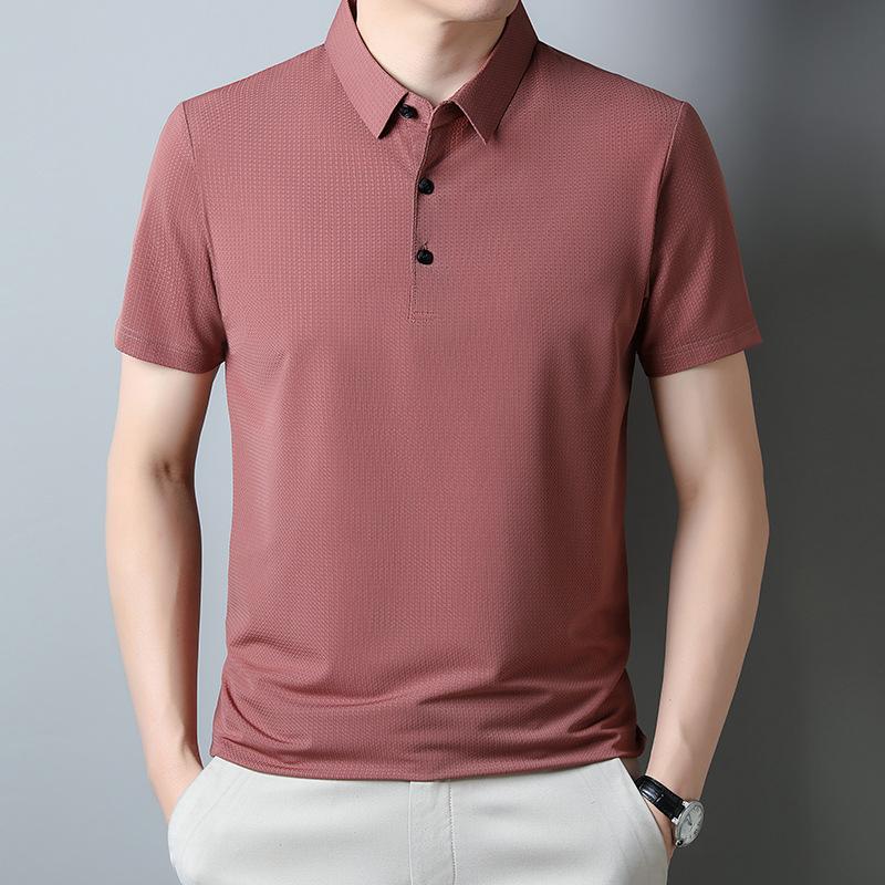 Men'S Solid Color Lapel Quick-Drying Waffle Loose Breathable Medium And Short-Sleeved T-Shirt Polo Shirt