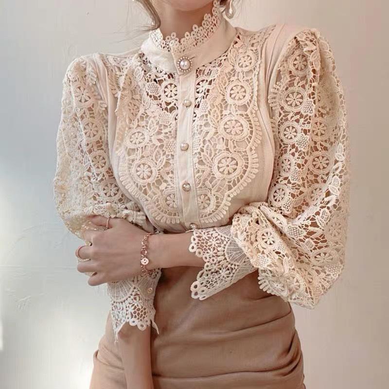 Frauen Stehkragen Spitze Patchwork Shirts Casual Aushöhlen Blume Blütenblatt Hülse Taste Tops Weiße Shirts für Frauen