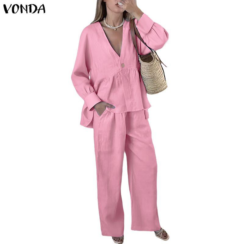 VONDA Two Piece Suit Women Deep V Neck Long Sleeve Blouse and Pants Casual Sets