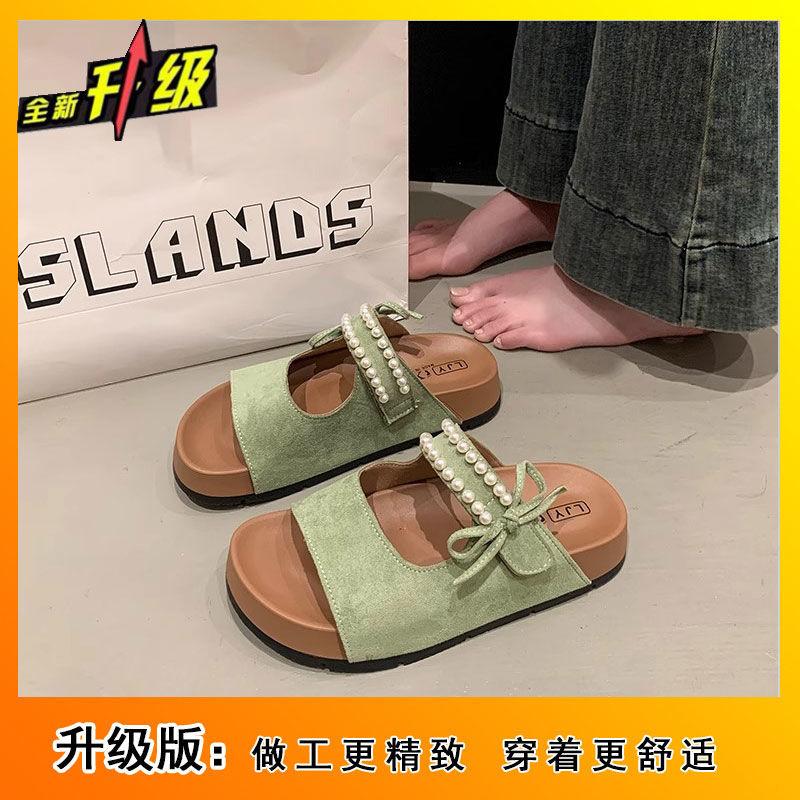 2025 sweet pearl bow flat bottom set toe one-word drag summer new beach wear Birkencool slippers women