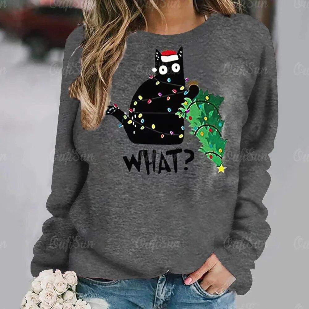 Dámské tričko Anime Kočičí potisk Topy s dlouhým rukávem Vintage svetr Bavlna s výstřihem do tvaru Y2k Dámské oblečení Oversized Street Pullover