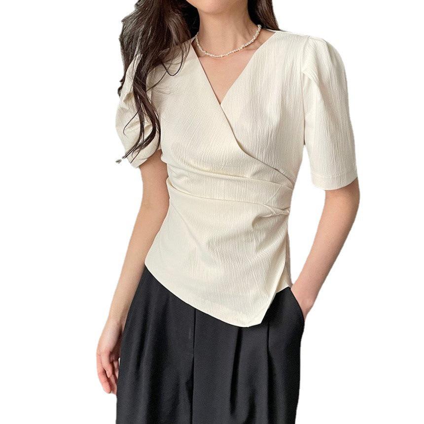 New French Style Irregular V-Neck Pleated Short-Sleeve Women's Shirt for Summer 2026.