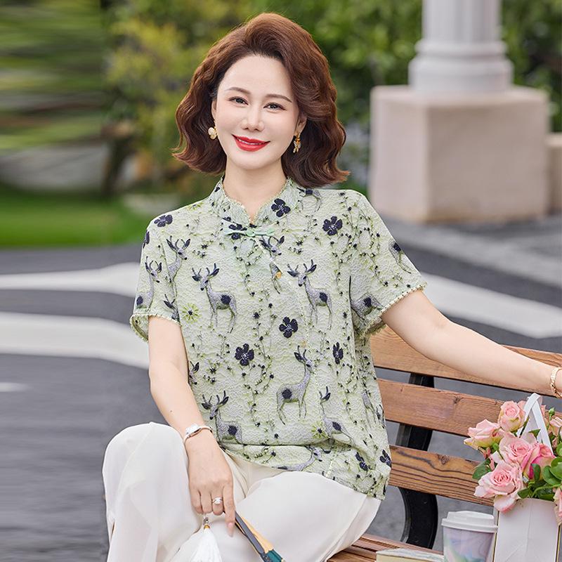 2026 Stylish Summer Two-Piece Set for Middle-Aged Women, Chinese Style Top & Outfit