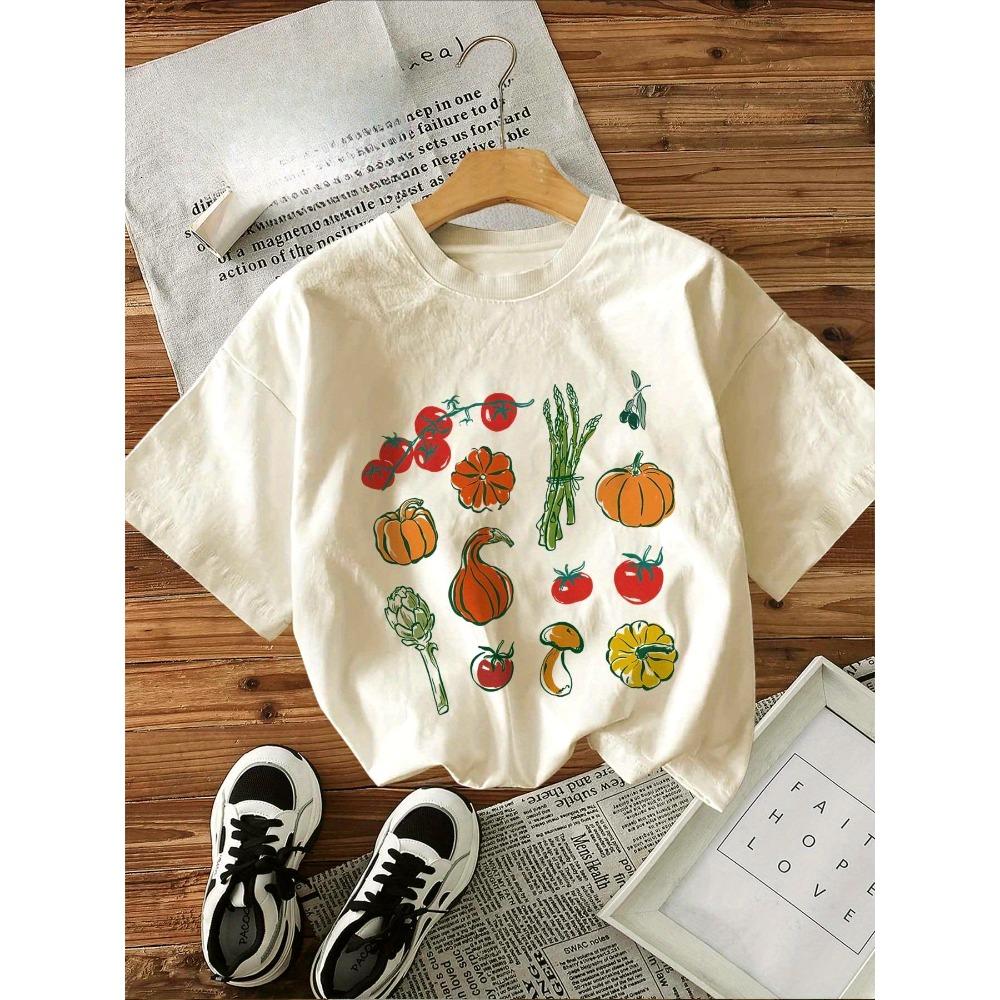 Women'S Casual Crew Neck T-Shirt with Colorful Vegetable and Fruit Graphic Print Short Sleeve Top for Summer Woman Clothing