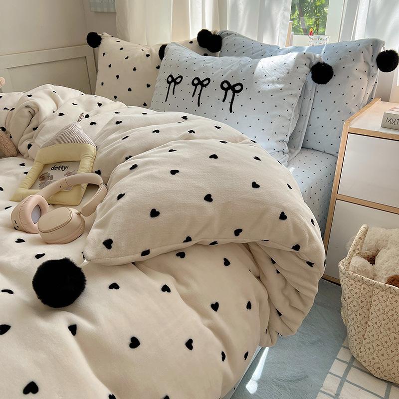 Girl Sweetheart Bow Embroidery Towel Embroidery Printing Thickened Milk Fleece Four-Piece Set