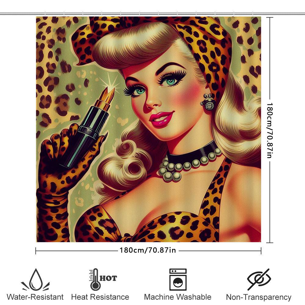 Vintage Pin Up Girl Cosmetics Shower Curtain Leopard Print Design For Bathroom Decorations