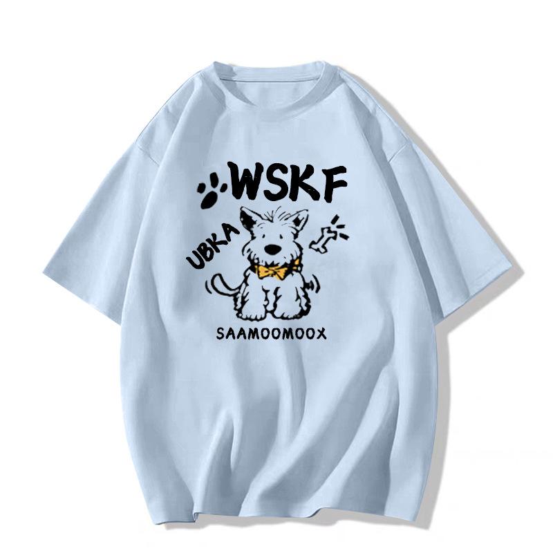 Damski T-shirt z ciężkiej bawełny z nadrukiem retro szczeniaczka, Kolekcja Lato 2025, Luźny krój, Krótki rękaw.