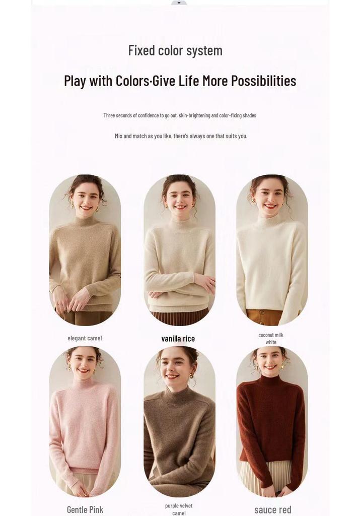 Women's Cashmere Half High Neck Sweater – Thick, Solid Color, Loose Fit for Autumn/Winter.