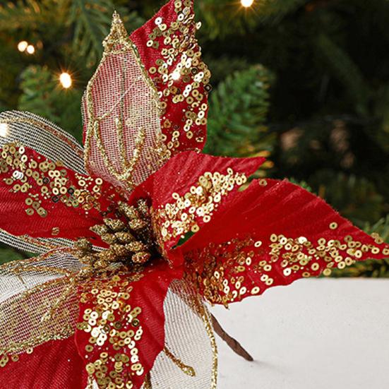 11" Christmas Artificial Flowers Glitter Sequins Poinsettia Flower Fabric Fake Flower Picks for Xmas Tree Ornament Wedding Birthday Wreath Decoration