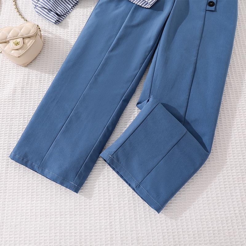 Mädchen Herbst Neue Mode Lässig Gestreift Einreihig Langarm Oberteil + Weitbeinige Hose Kinder 2-teiliges Set