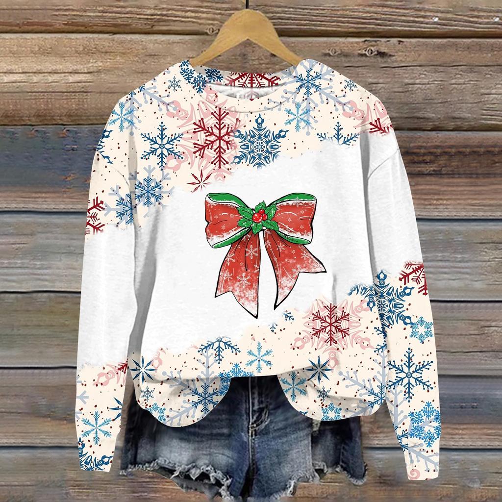 Women's Fashion Christmas Printed Long Sleeve Loose Round Neck Sweatshirt Top Fall