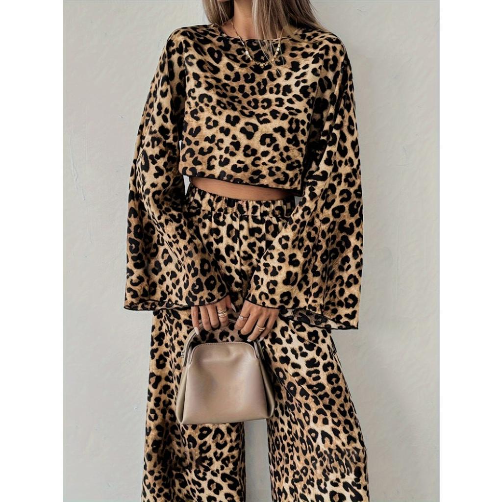 Spring New Leopard Print Women's 2 Piece Outfit Casual Loose Long Sleeve Top + Long Pants Set European American Style For Ladies