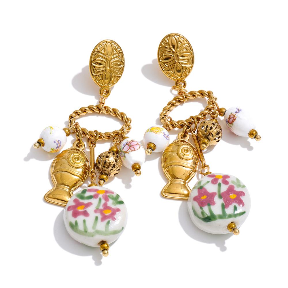 

Yhpup France Stainless Steel Ceramic Flower Fish Drop Charm Earrings Trendy Design New Arrivals 2026 Popular Charm Jewelry Gift