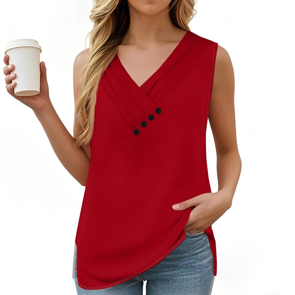 Women's Solid Color Vest Summer Button-down V-neck T-shirt Sleeveless Loose Fashion Top